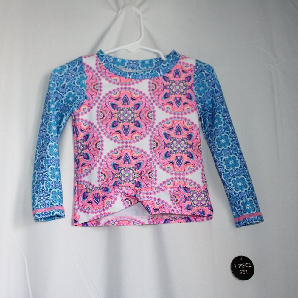 NWT Nicole Miller Girl's Swim Top Pink & Blue Mandala Pattern Knot Waist LongSlv